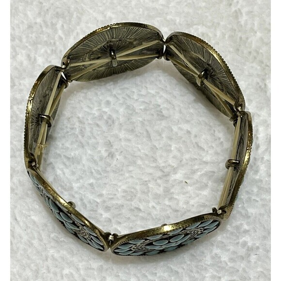 Native American Style Faux Turquoise Tribal Stretch Bracelet Gold Tone Cowgirl - Picture 3 of 6
